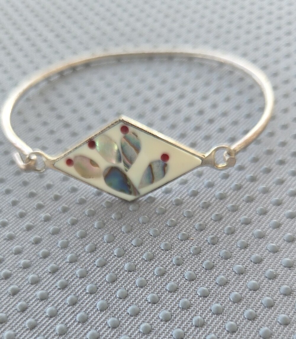 Sterling Silver White Enamel Floral Cactus 🌵 Bangle Bracelet